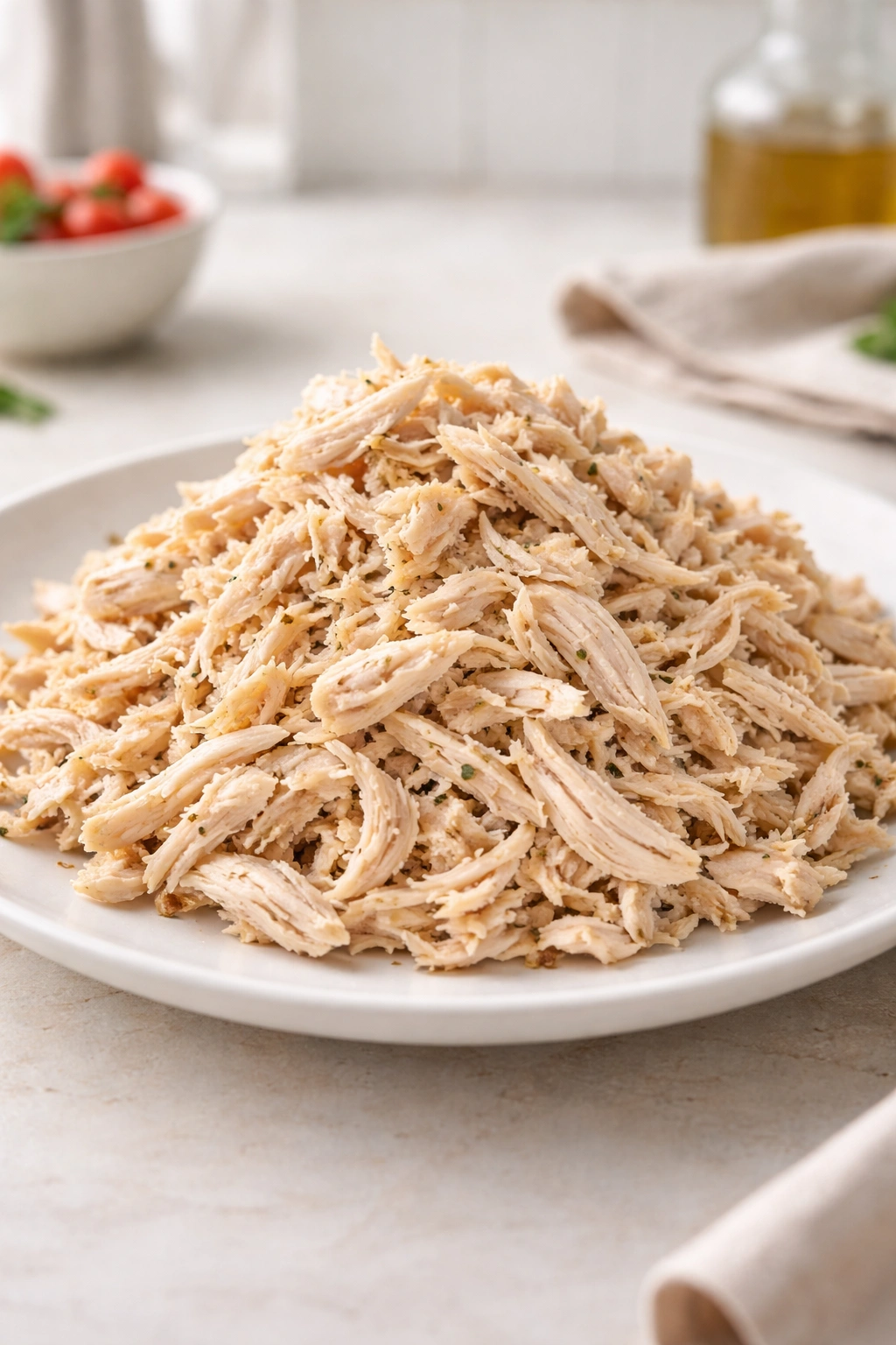 Shredded cooked chicken on plate to symbolize versatile uses