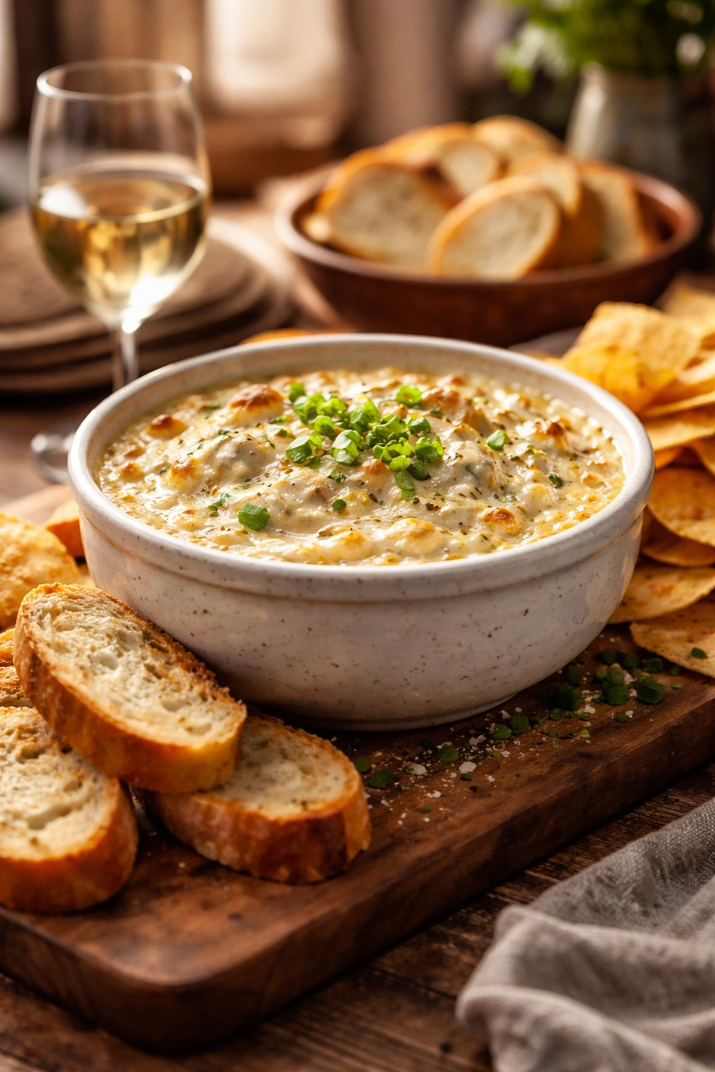 Dip on rustic board with bread and wine in background
