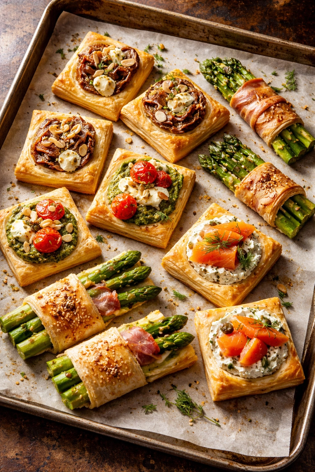 Assorted puff pastry bites with varied toppings on parchment-lined sheet