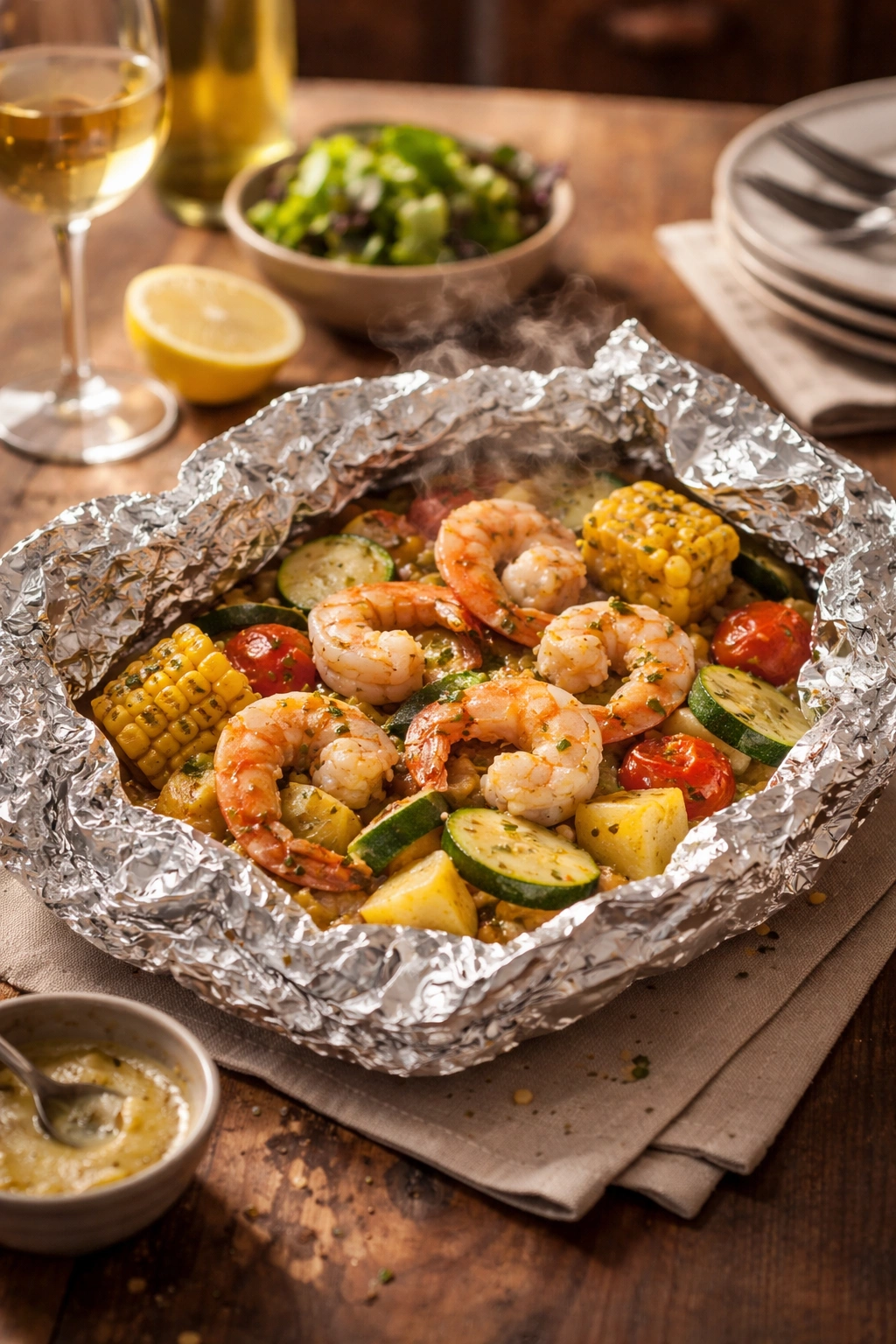 Open foil packet on a dining table ready to unwrap