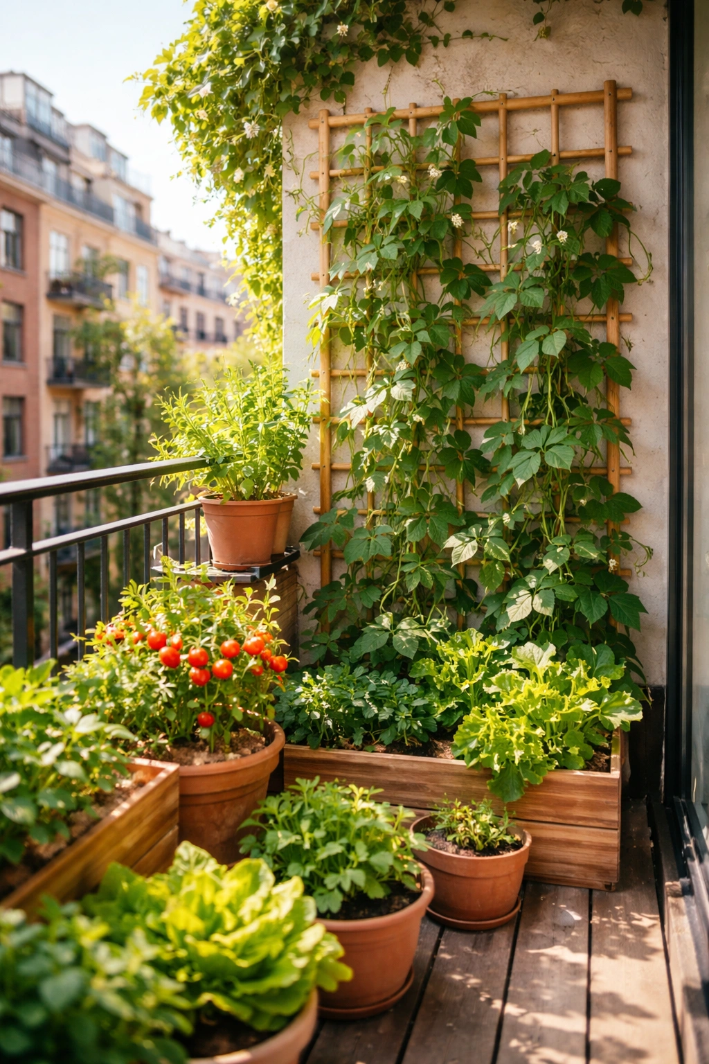 Vertical balcony garden with trellis and climbing beans