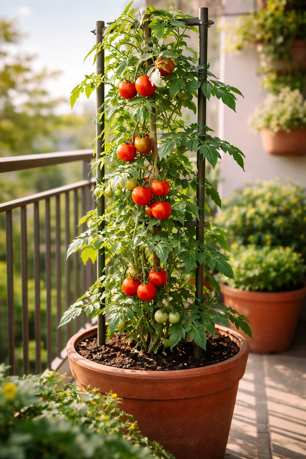 Tomato plant climbing a vertical trellis in a container