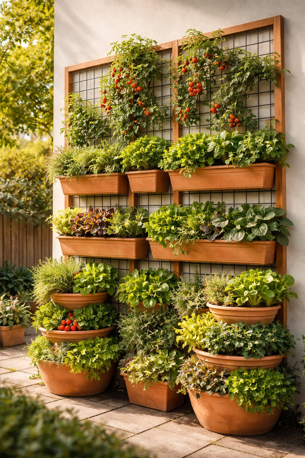 Vertical garden on a wall with trellis and stacked pots