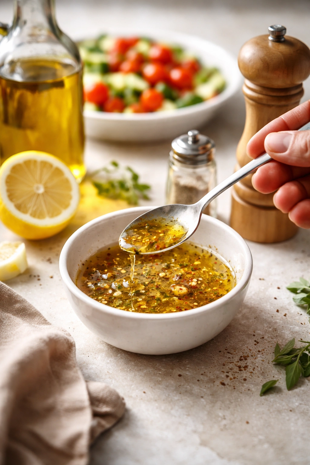 Close-up of a tasting of emulsified vinaigrette highlighting balance and seasoning