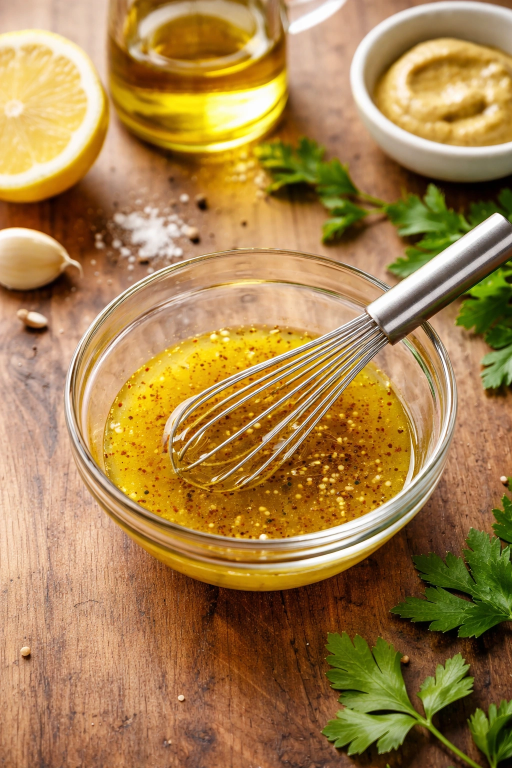 Glass bowl of vinaigrette with whisk