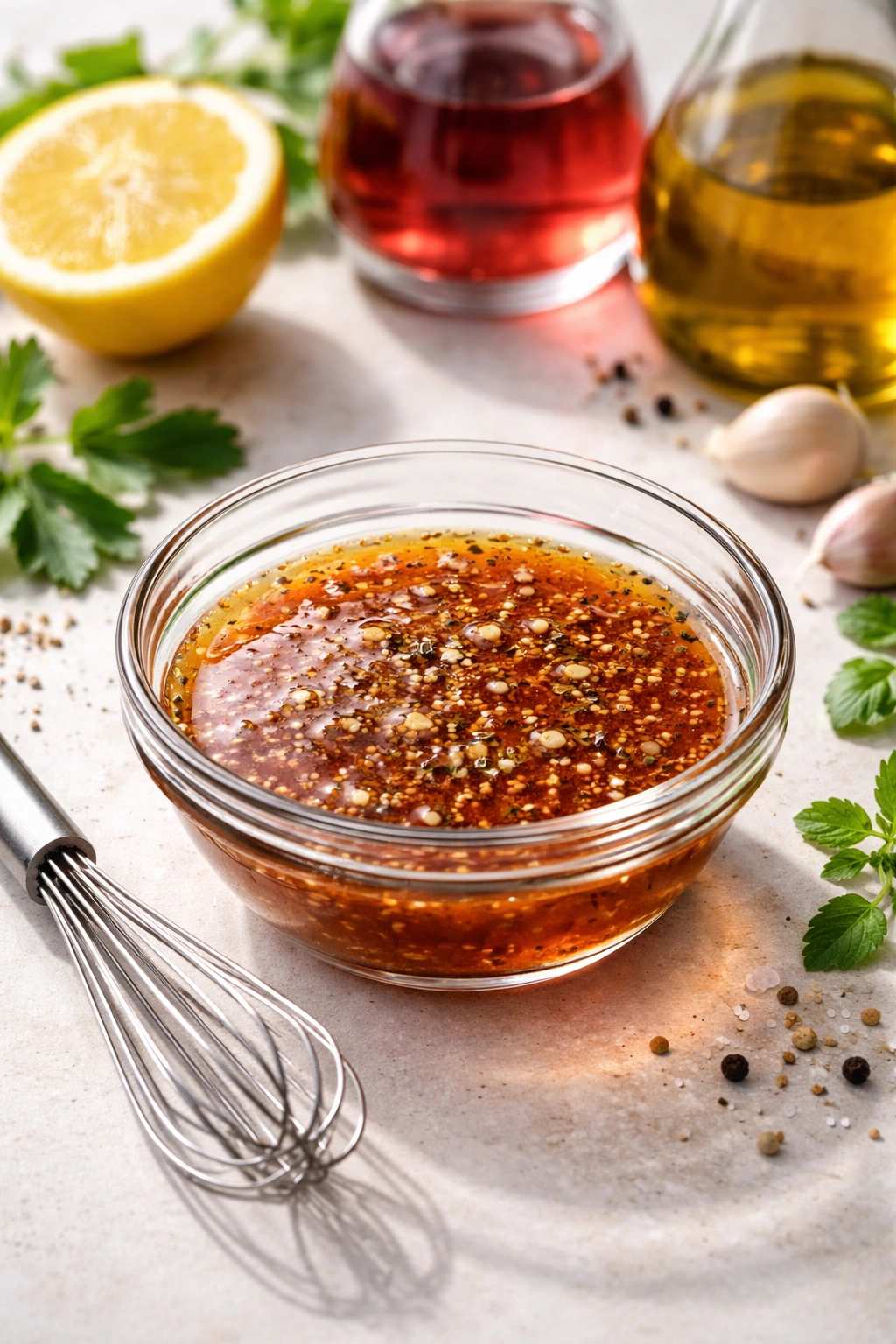 Emulsified vinaigrette in glass bowl