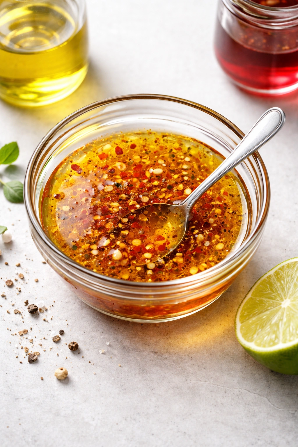 Glass bowl of vinaigrette dressing with olive oil and vinegar