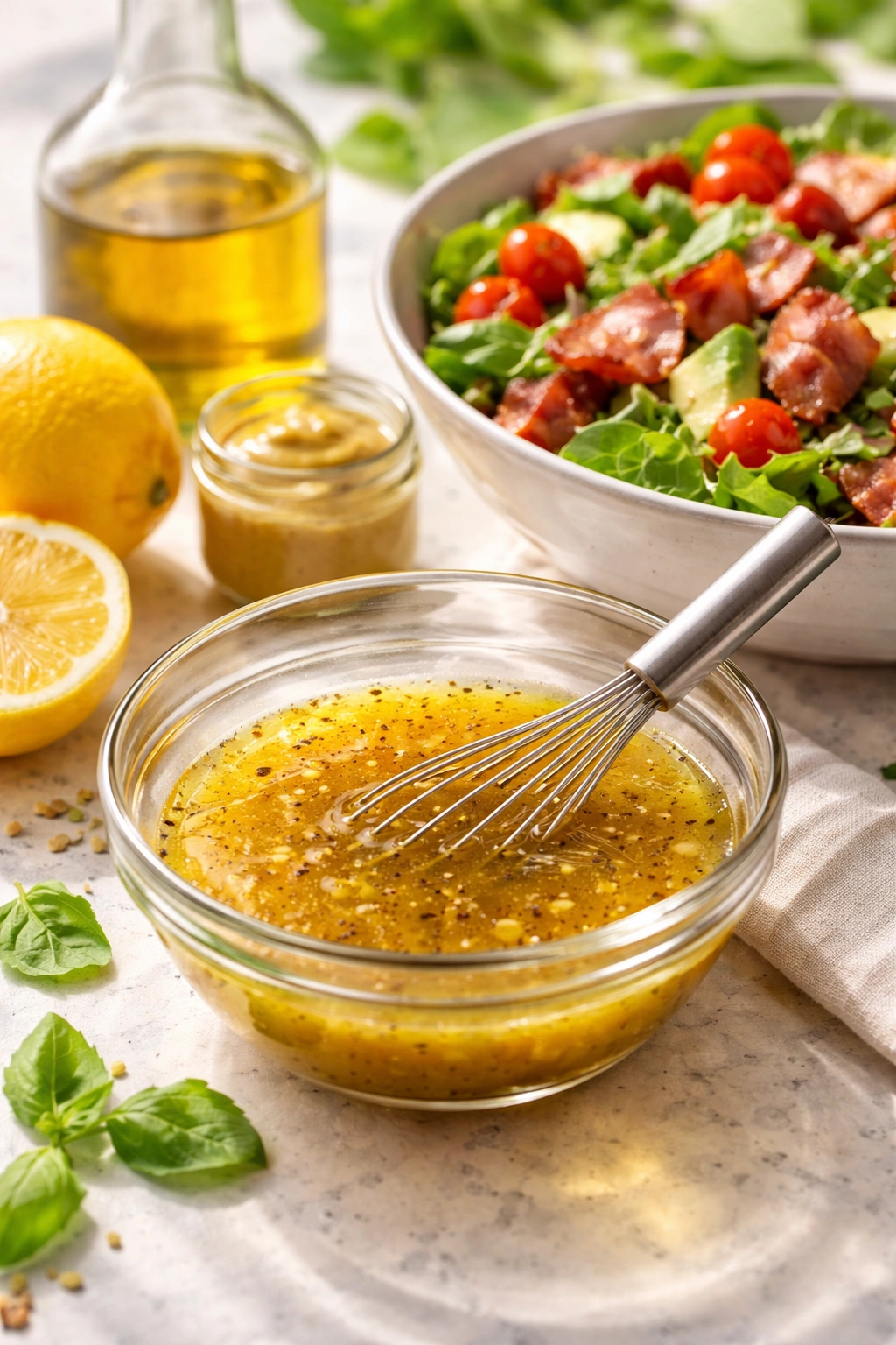 Glossy vinaigrette emulsion in a glass bowl with oil sheen.