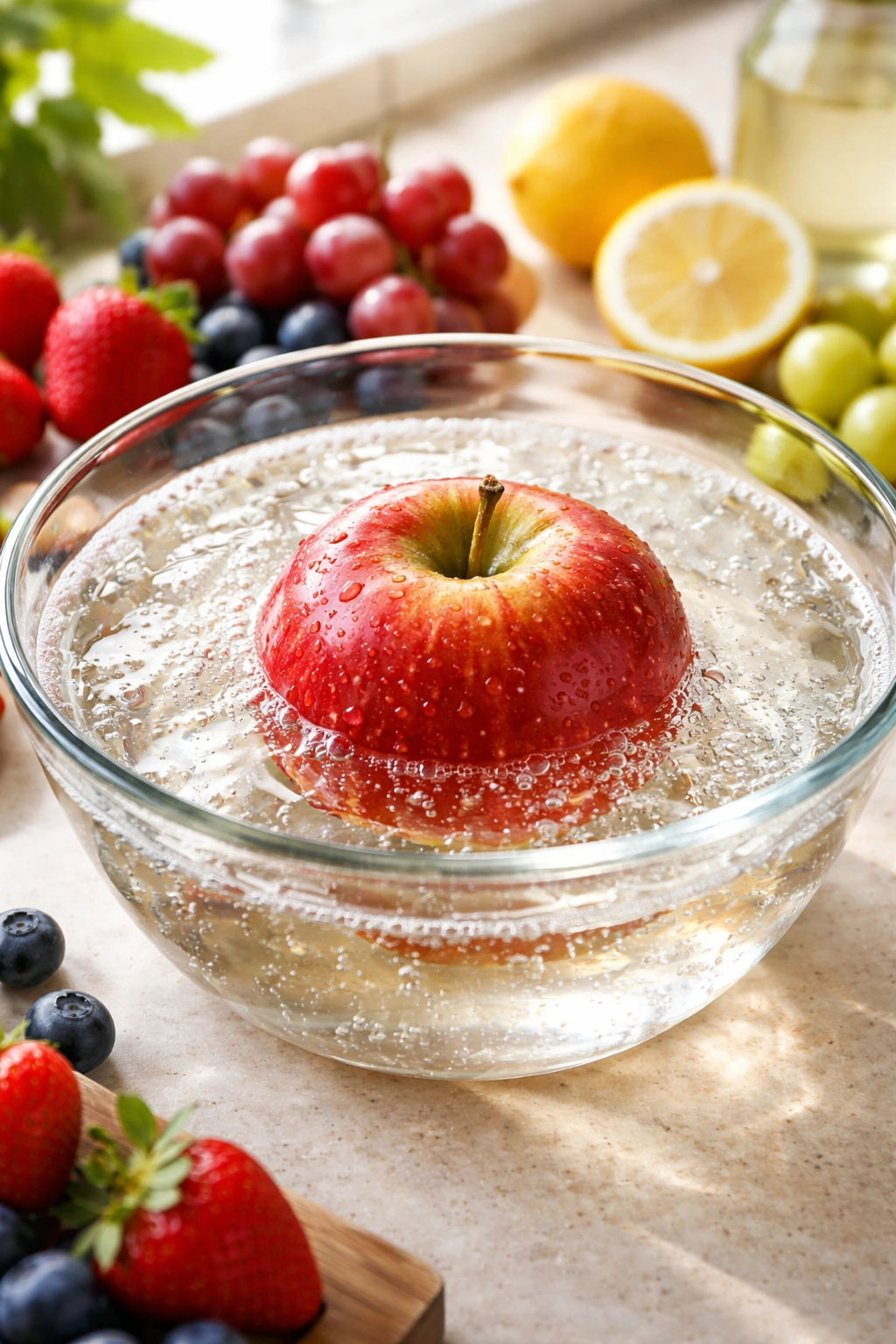 Apple soaking in clear liquid to illustrate vinegar-based fruit cleaning