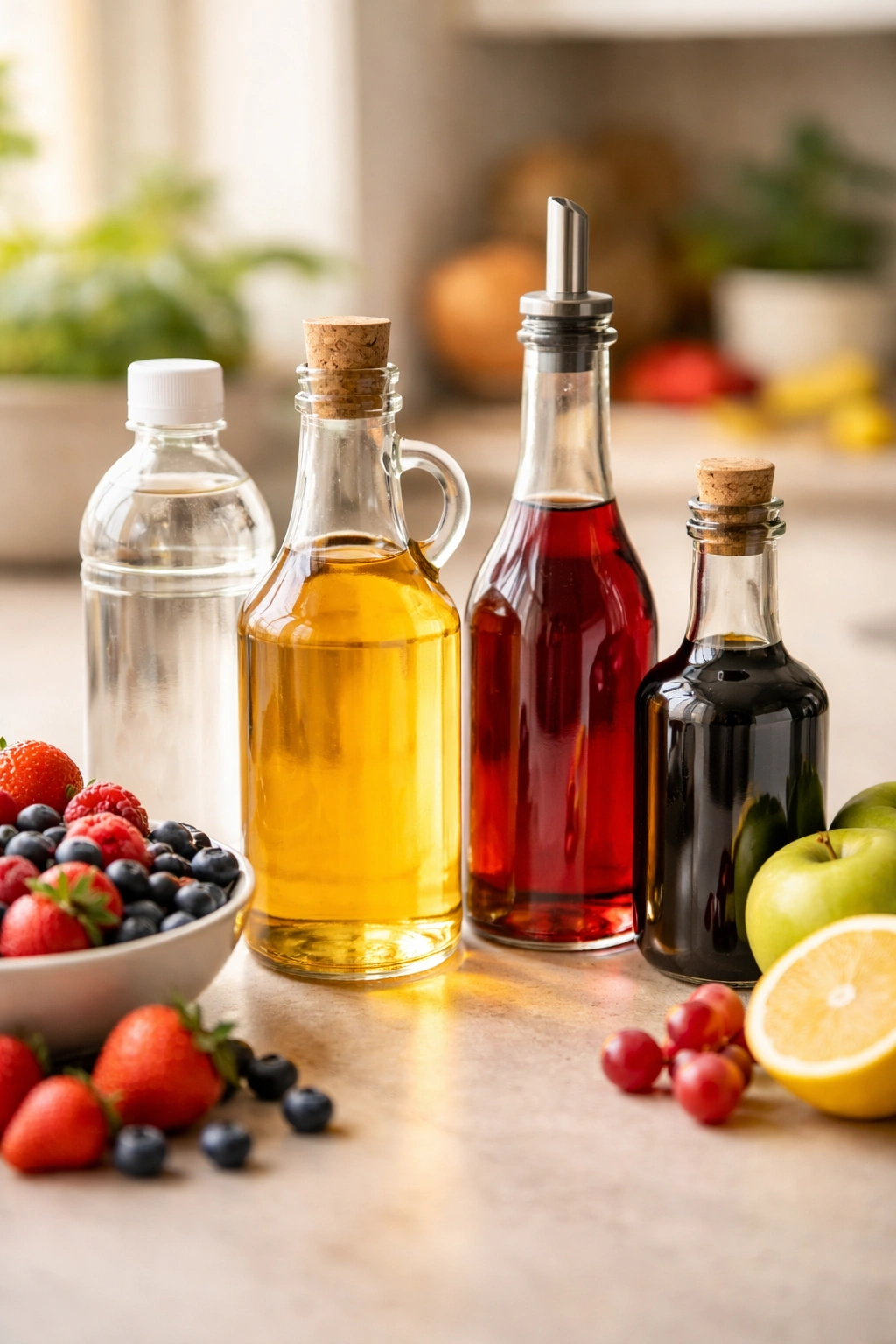 Four unlabeled vinegar bottles on a neutral surface