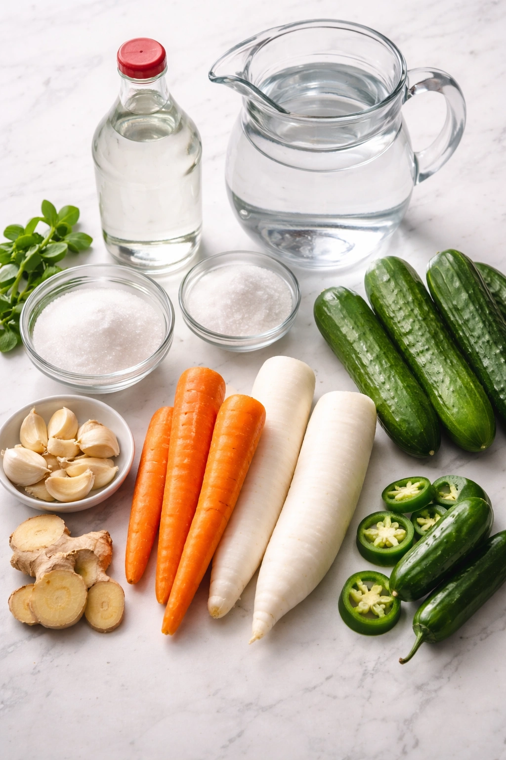 Assorted pickling ingredients arranged on a clean surface