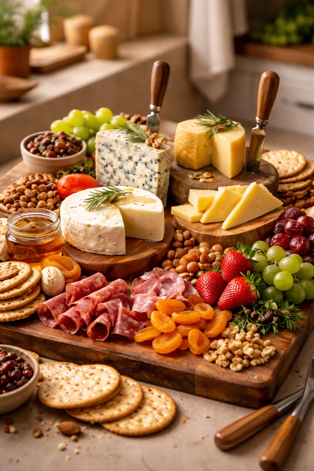 Cheese board with cheeses at differing heights emphasizing depth and balance