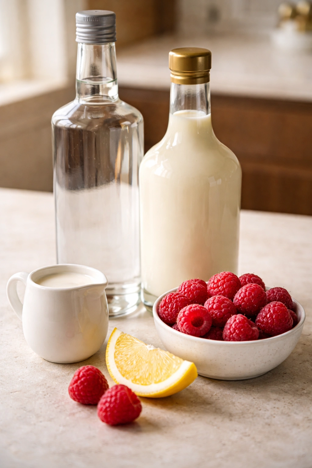 Unlabeled bottles and ingredients (vodka, liqueur, raspberries, cream, lemon) on neutral surface