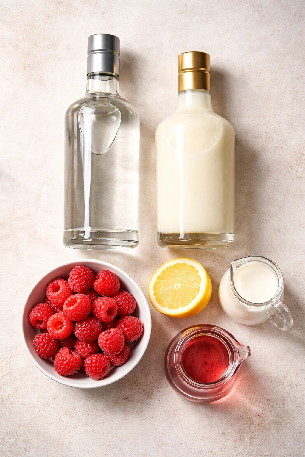 Unlabeled bottles and ingredients arranged for ingredient list