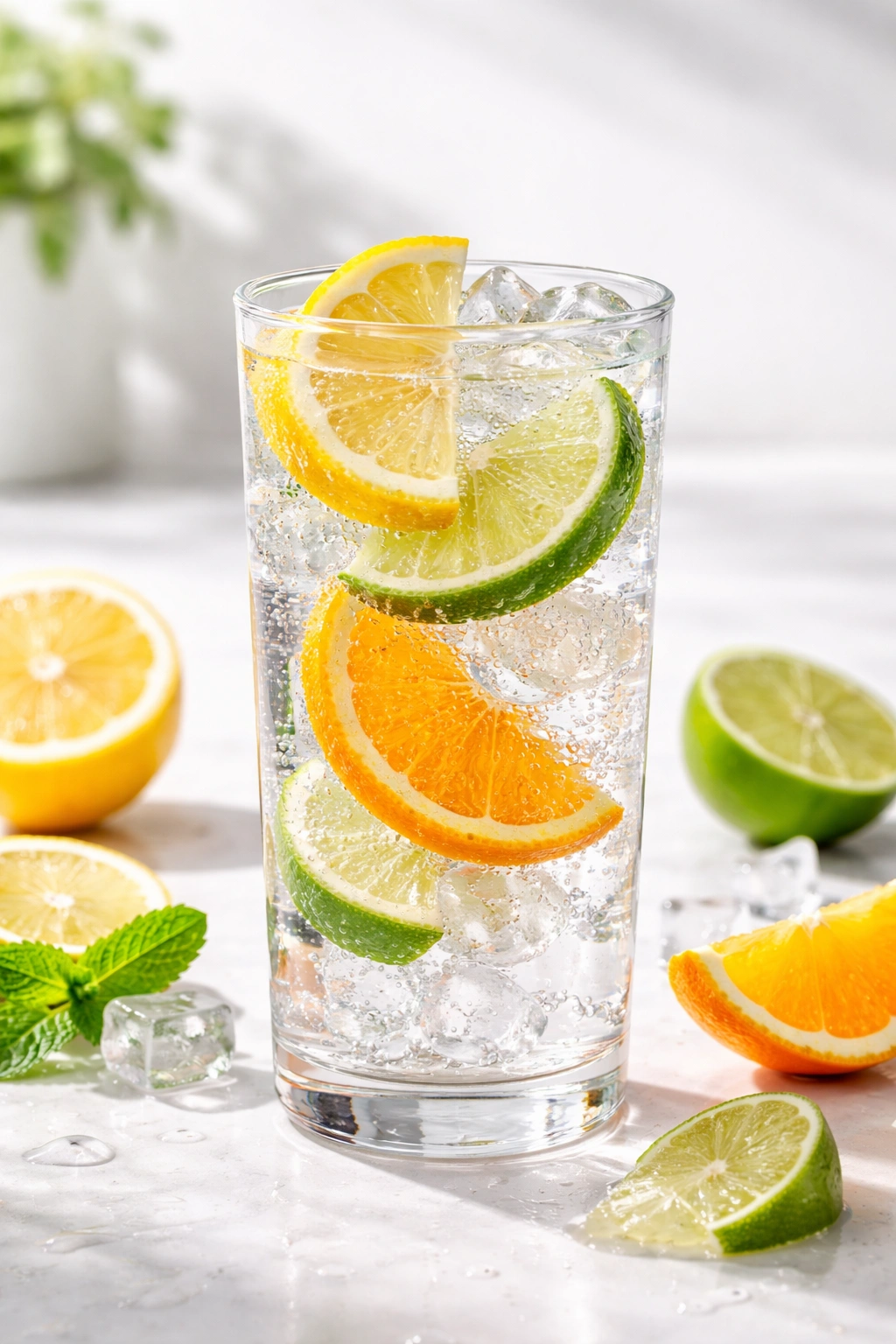Tall vodka soda glass with ice and citrus slices on a clean surface