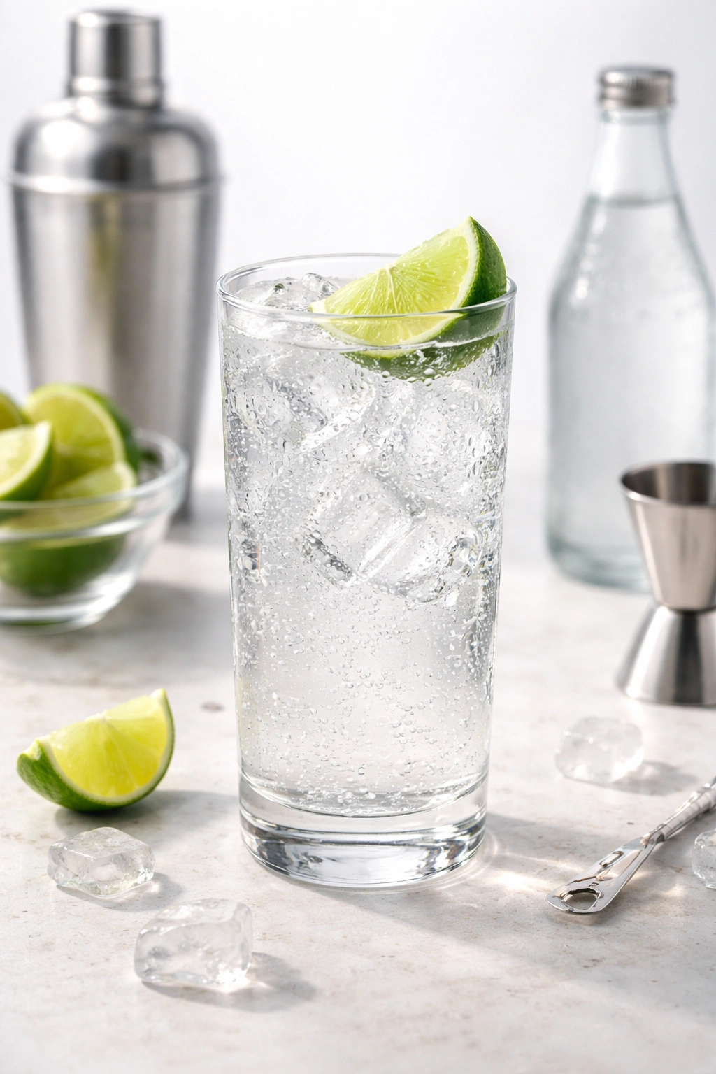 Vodka tonic in a highball glass with lime wedge