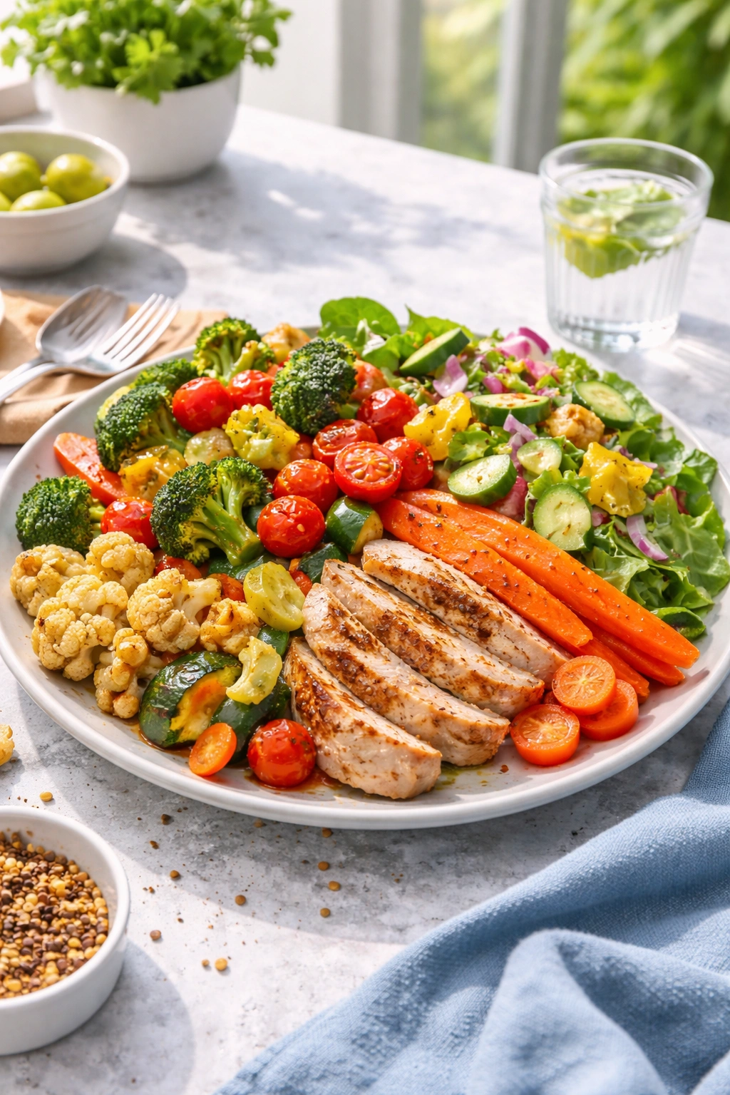 Large plate of roasted vegetables demonstrating volume for fullness