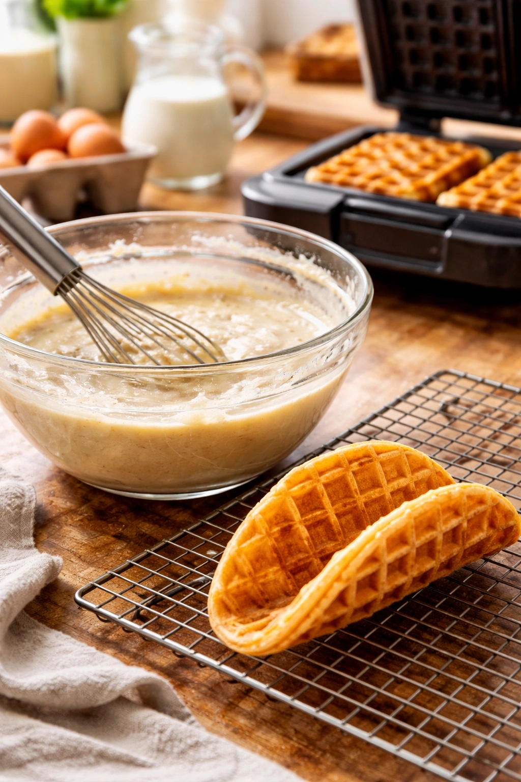 Batter bowl with whisk and taco-shaped waffle shell