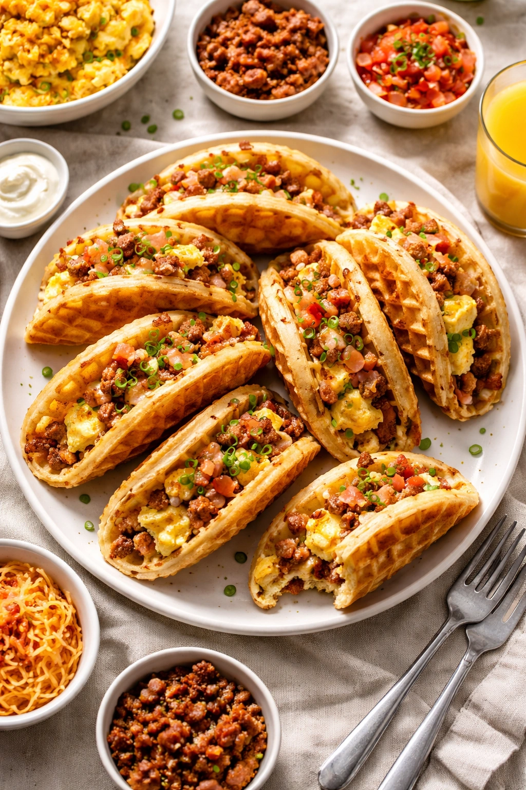 Plate of filled waffle tacos showing interior fillings