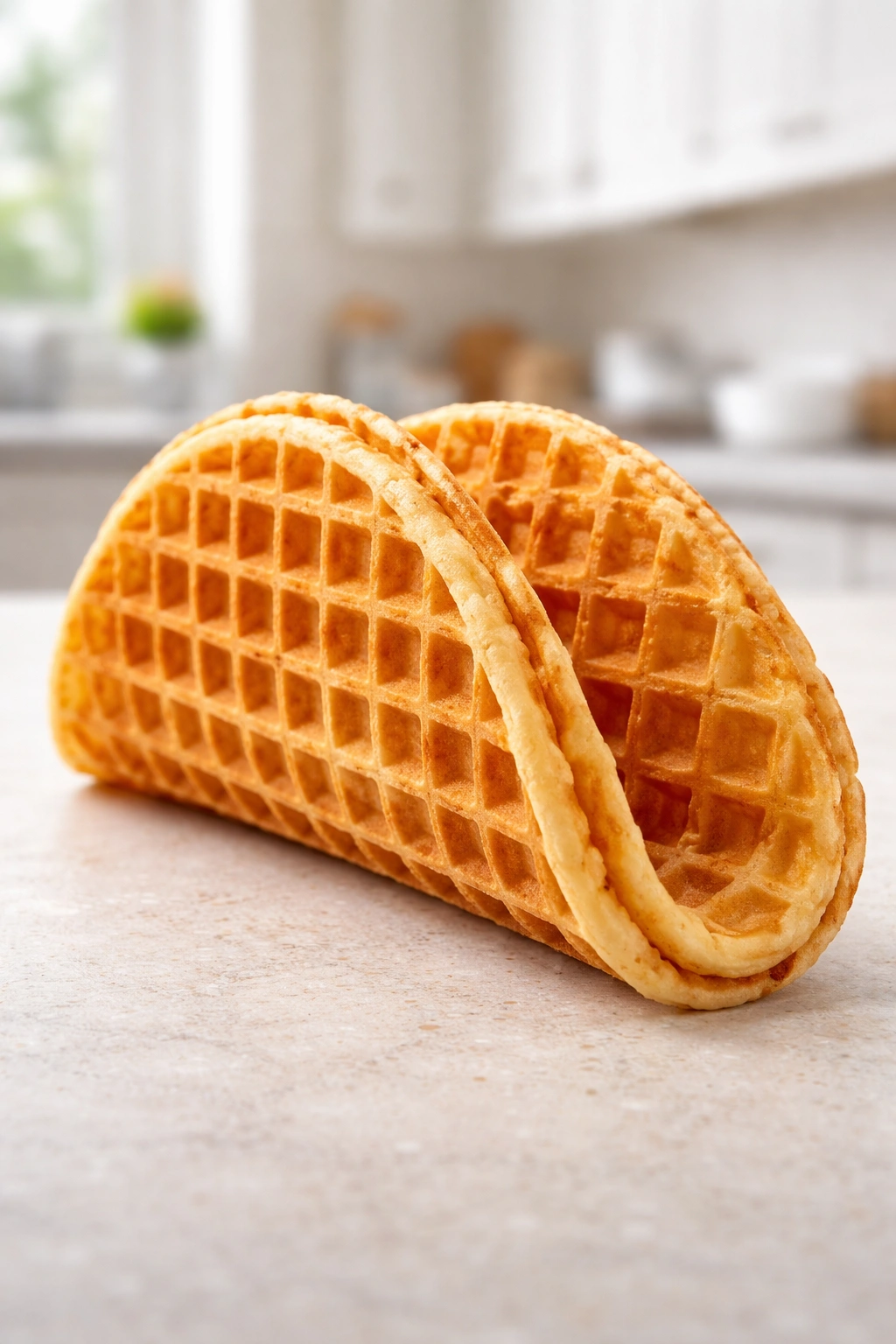 Single golden waffle shell standing upright