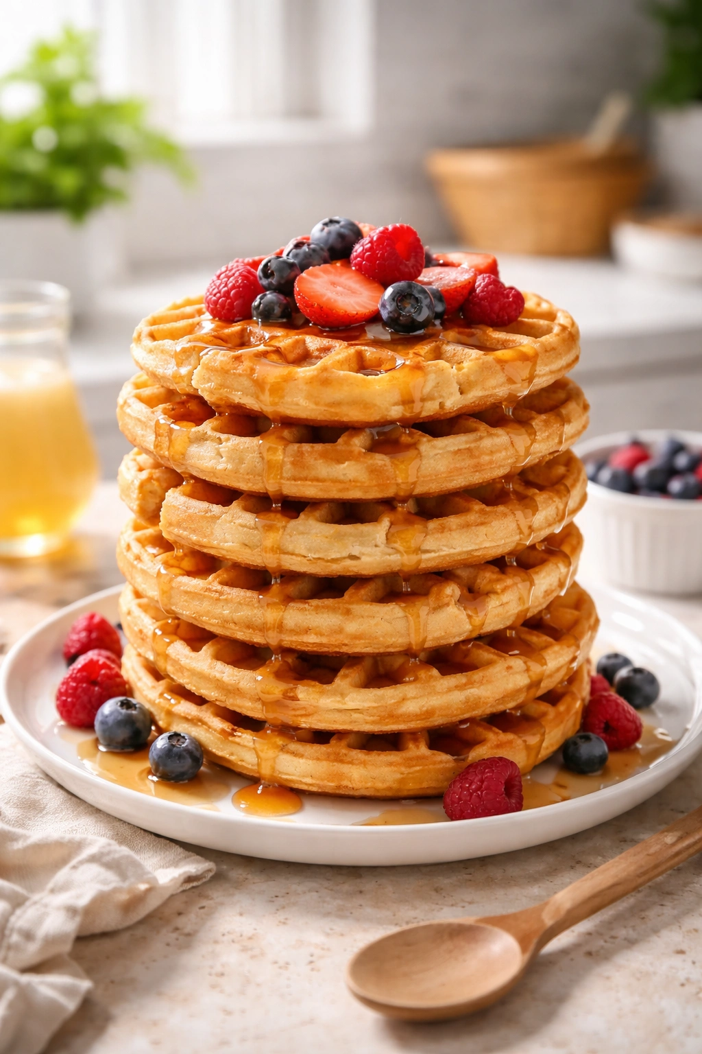 Stack of golden waffles with syrup and berries on a bright plate