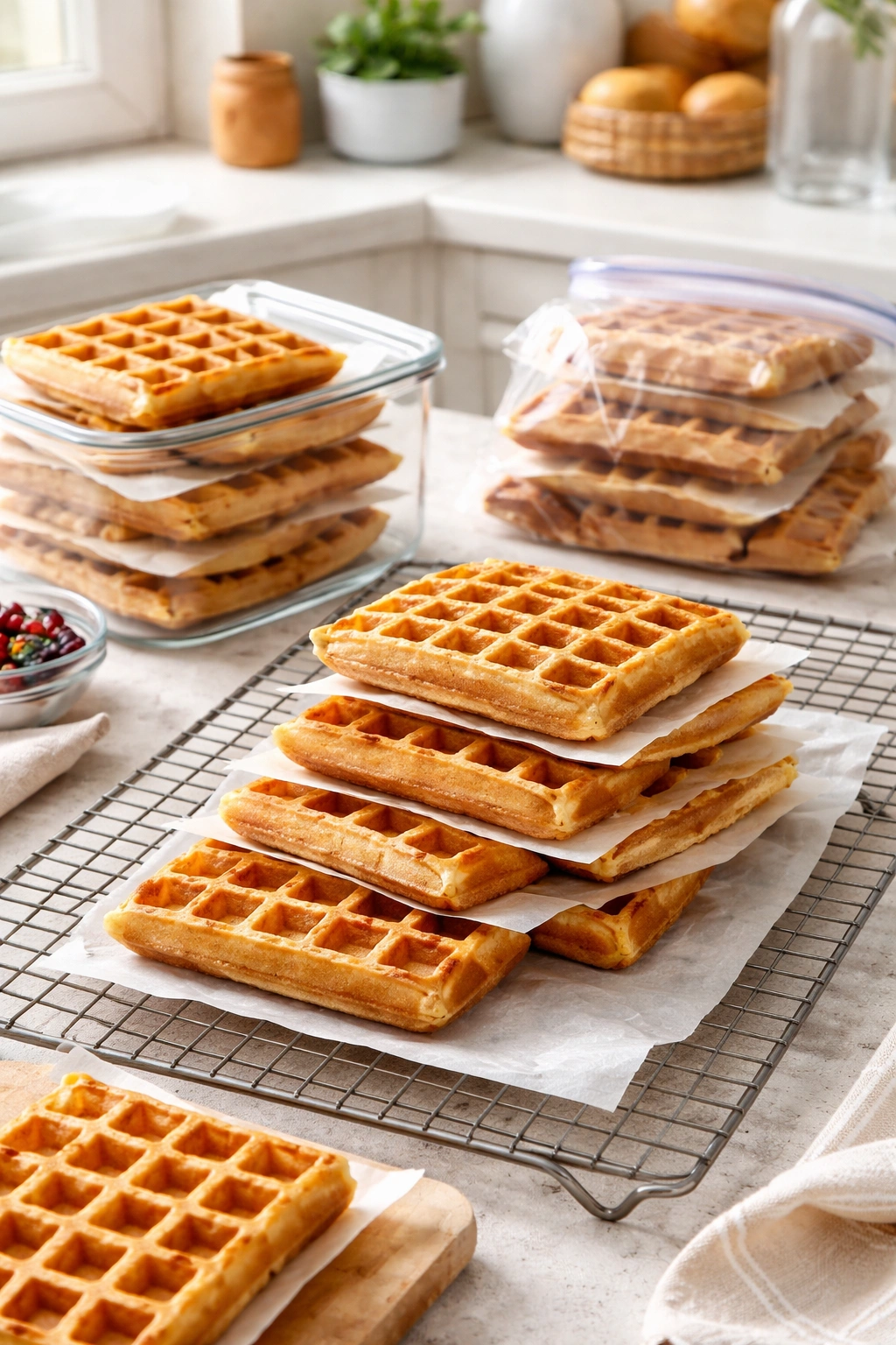 Waffles cooling on a rack ready for storage or freezing.