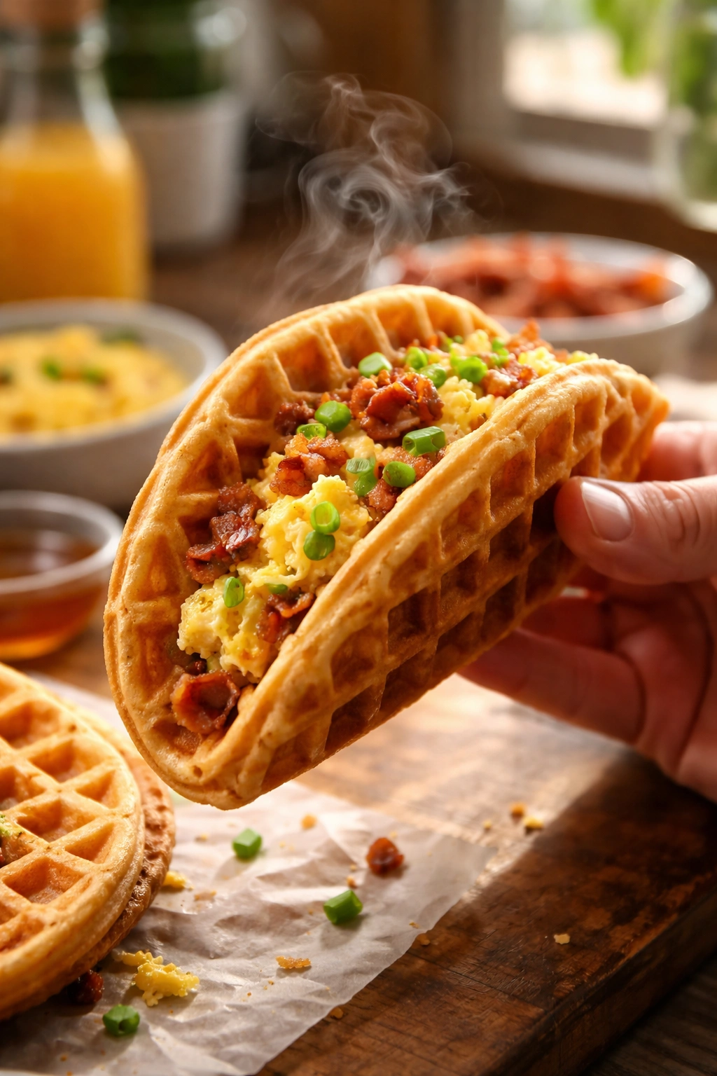 Close-up of a waffle taco being folded on a wooden counter