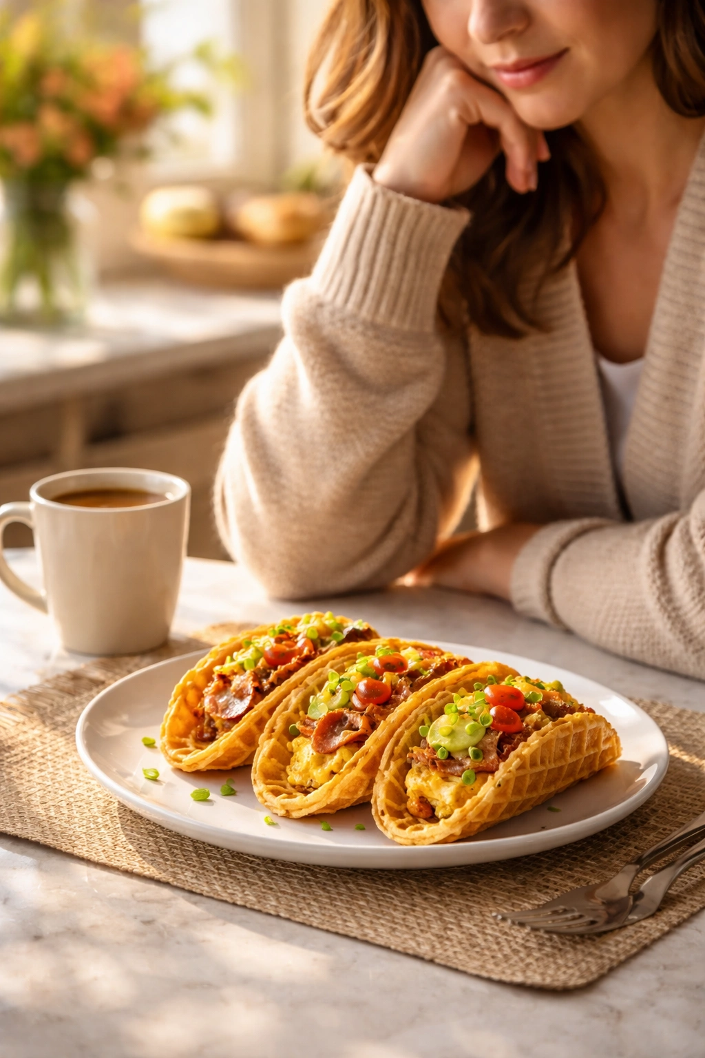 Contemplative breakfast scene with a plate of waffle tacos on a sunlit kitchen counter