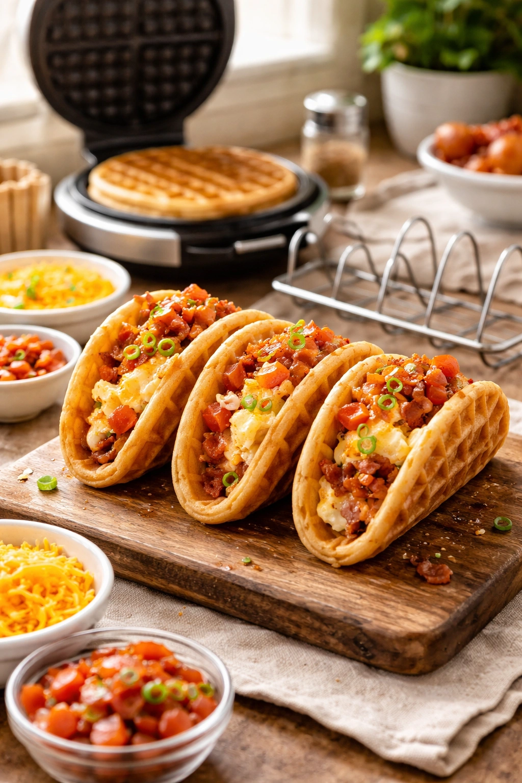 Three waffle tacos on a wooden board