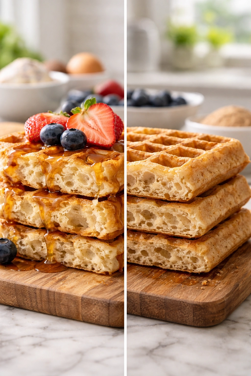 Fluffy vs dense waffles shown side by side to illustrate mistakes