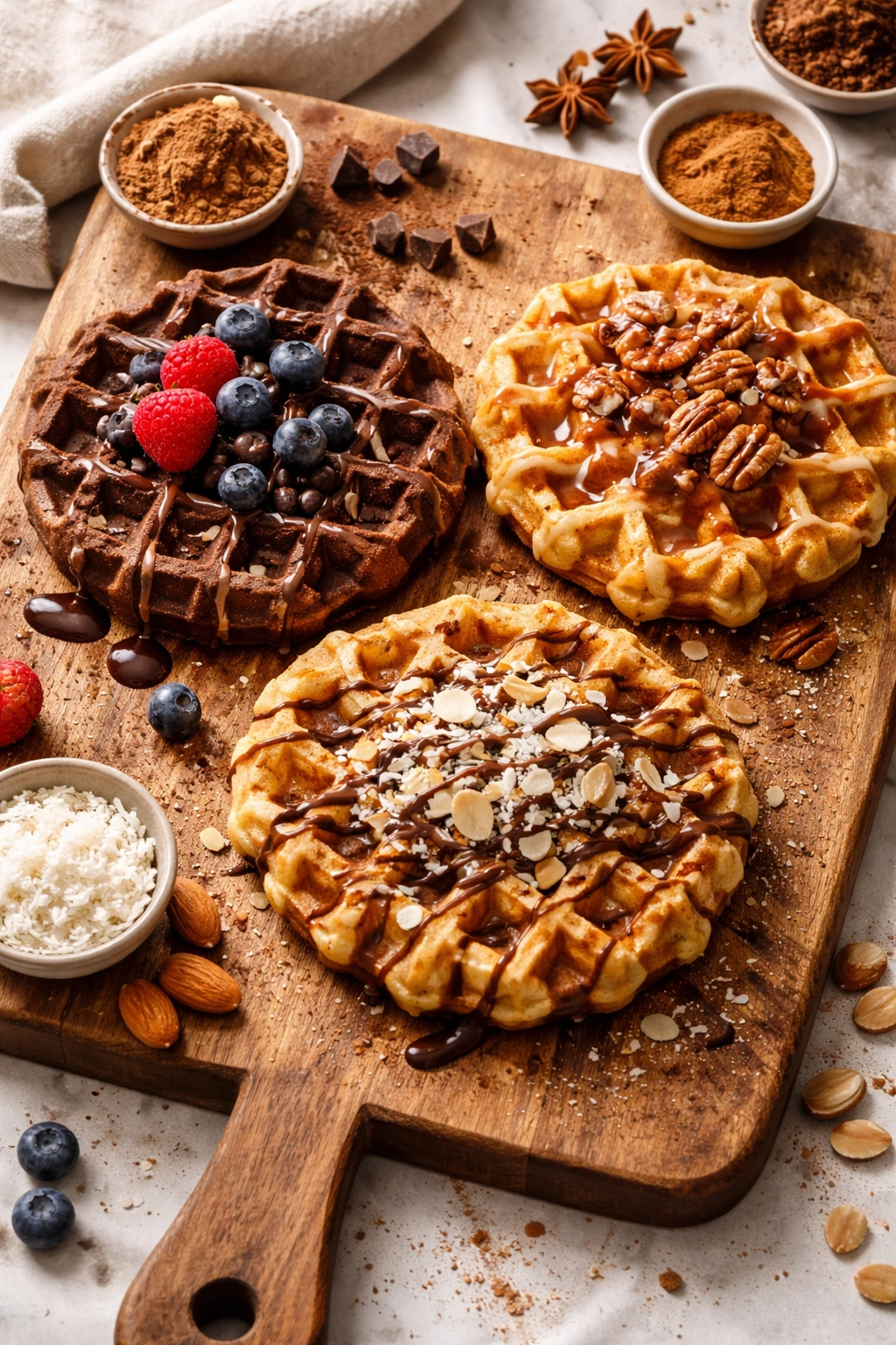 Three waffles showing chocolate, pumpkin spice, and almond-coconut variations.
