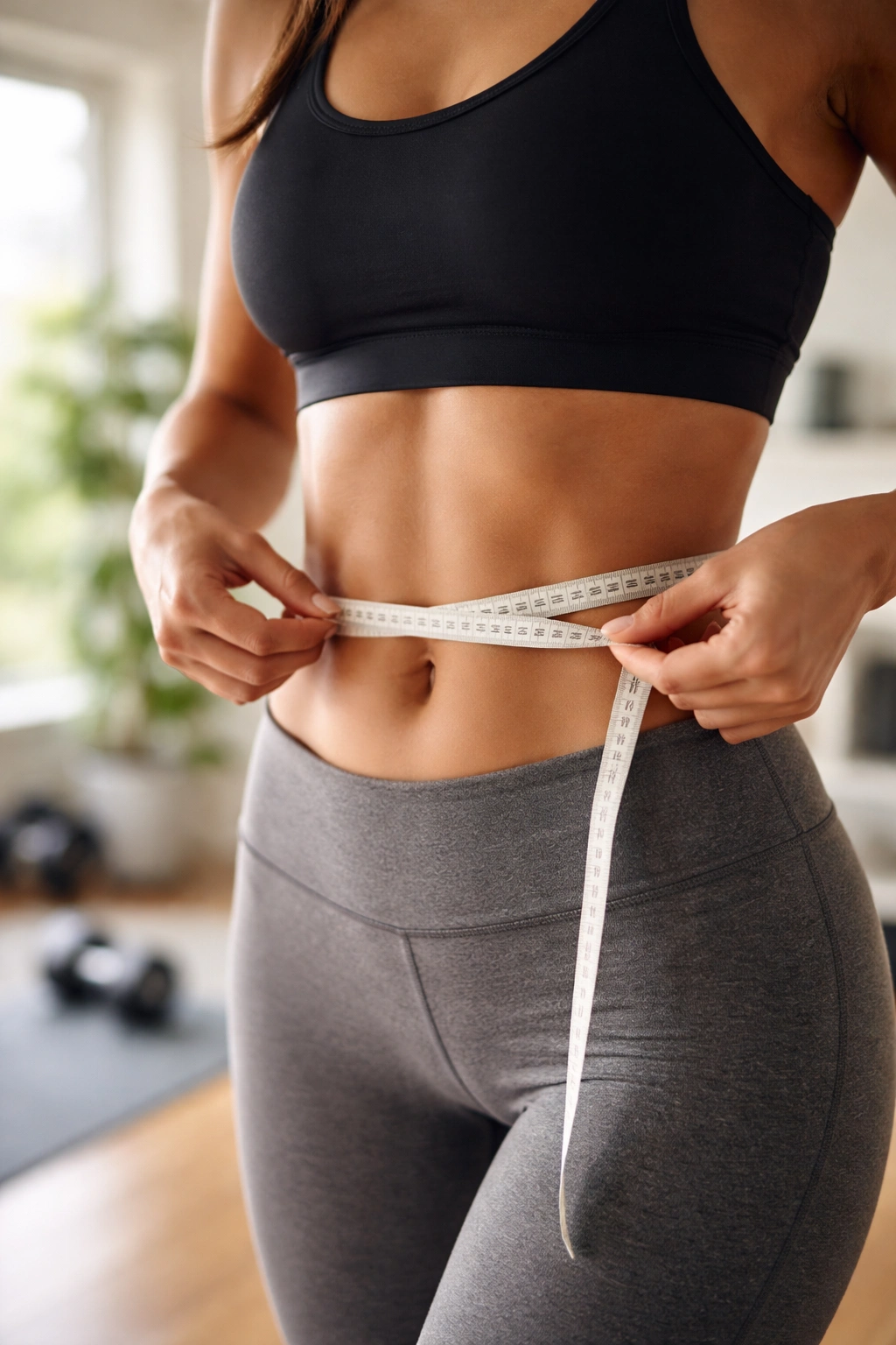 Waist with plain measuring tape around it in a bright home gym, illustrating progress tracking