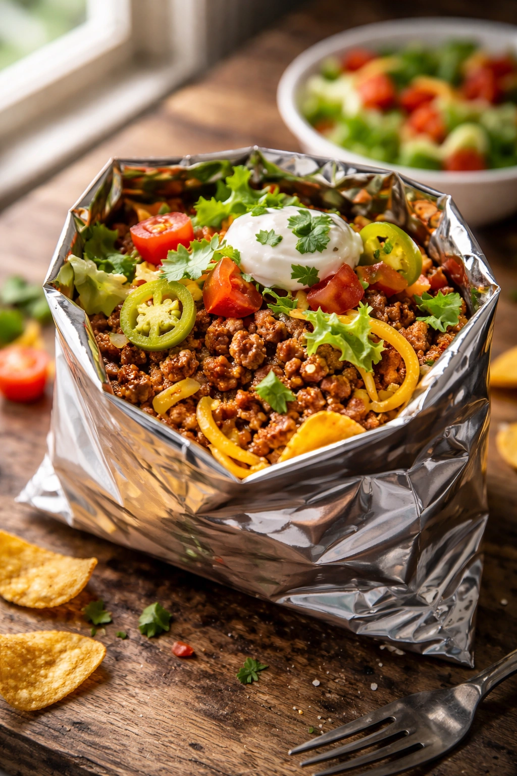 Open snack bag filled with beef and toppings for walking tacos