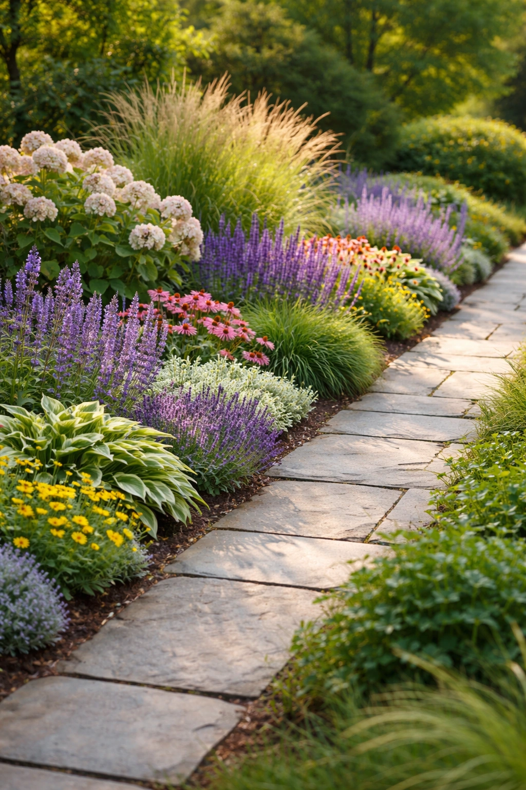 Overhead view of a walkway border design with layered plants along a sunlit garden.