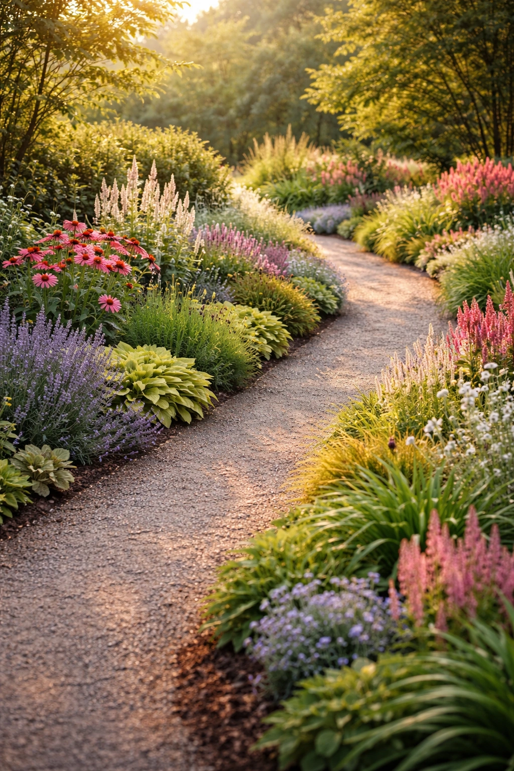 Border plants along a garden walkway forming defined edges and layered depth