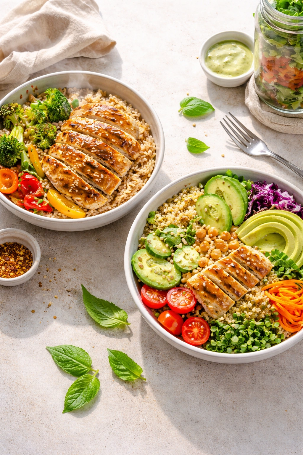 Side-by-side bowls showing warm and cold options for meal prep bowls.