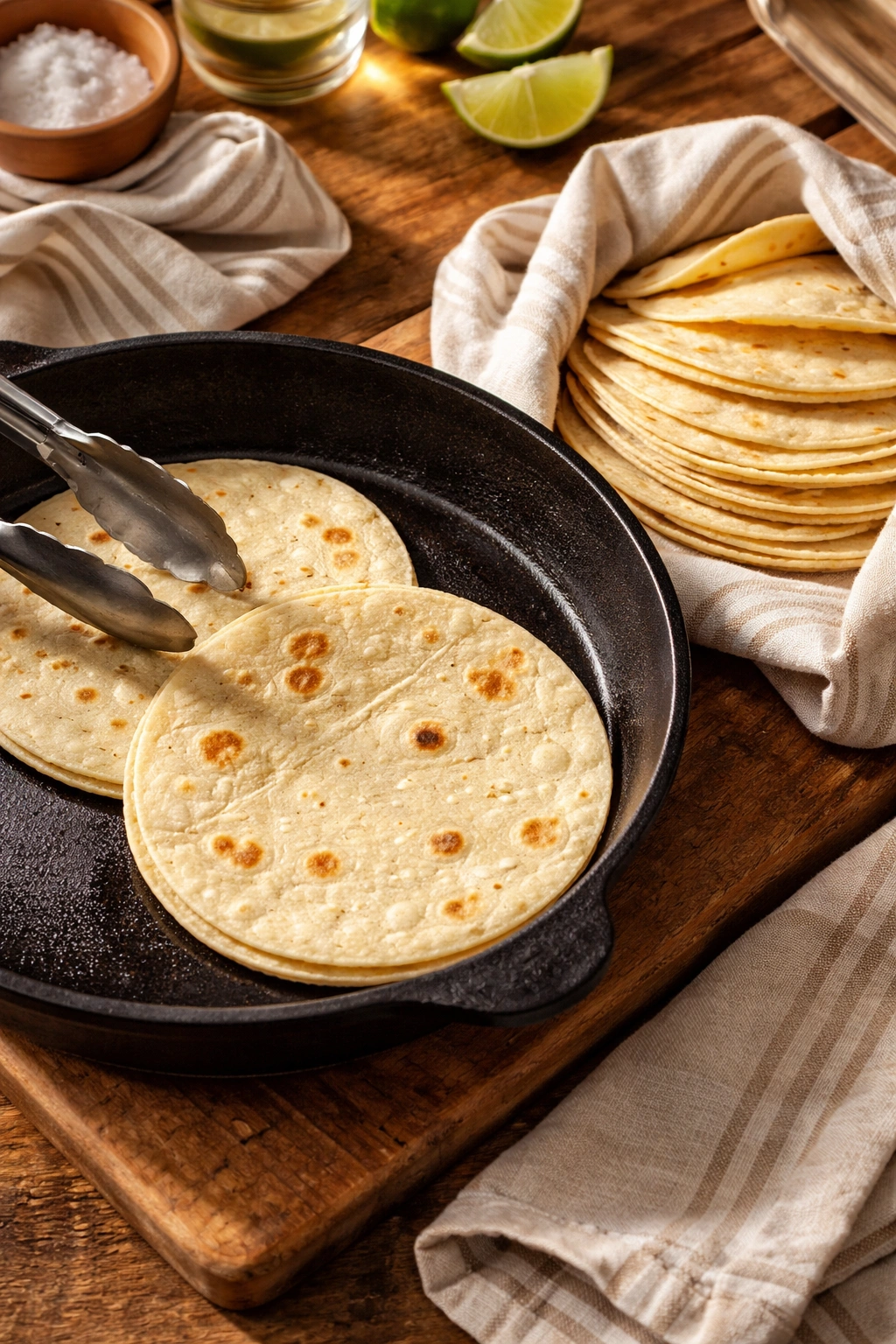 Warm tortillas in a skillet with light browning
