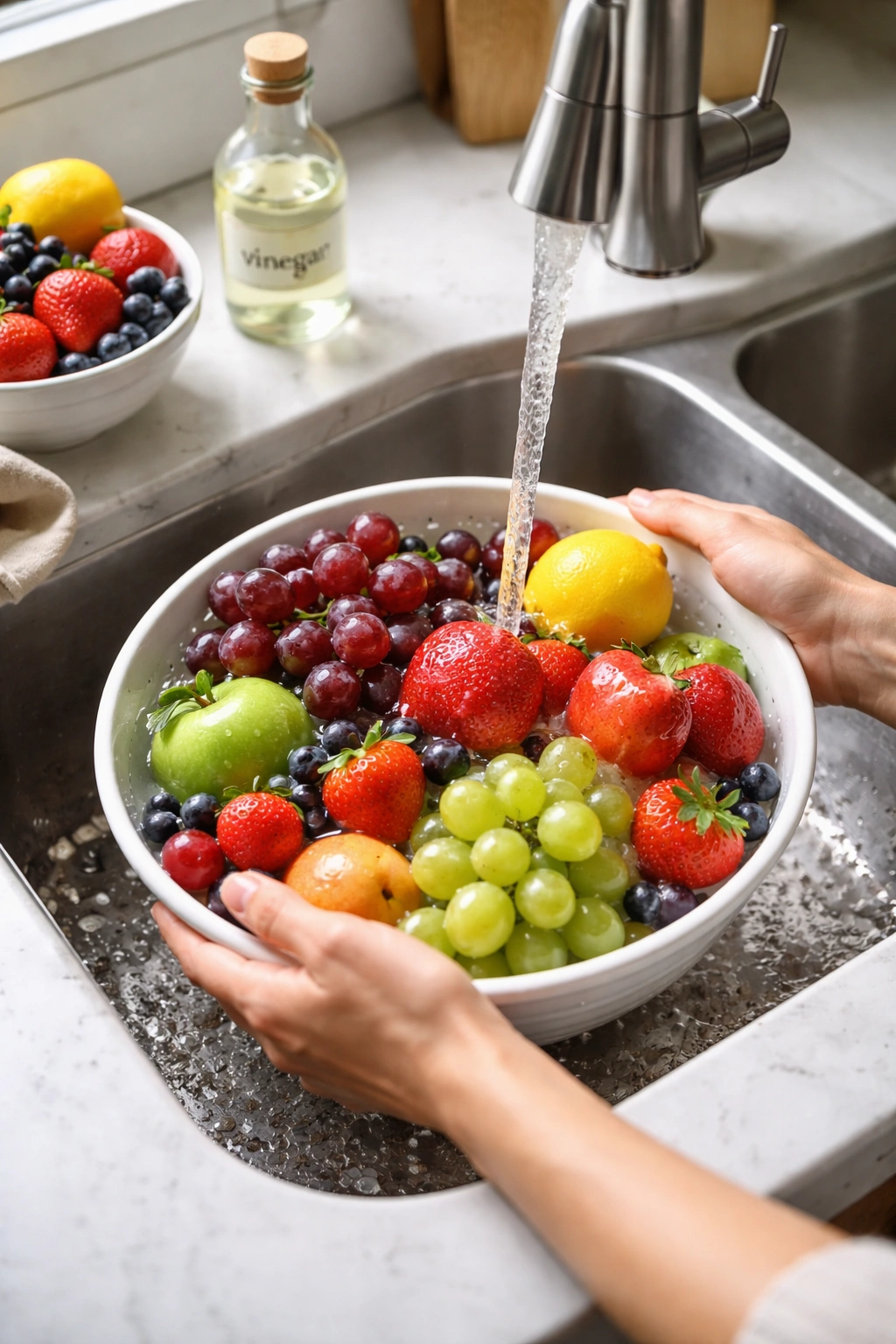 Hands washing fruit under running water in a sink