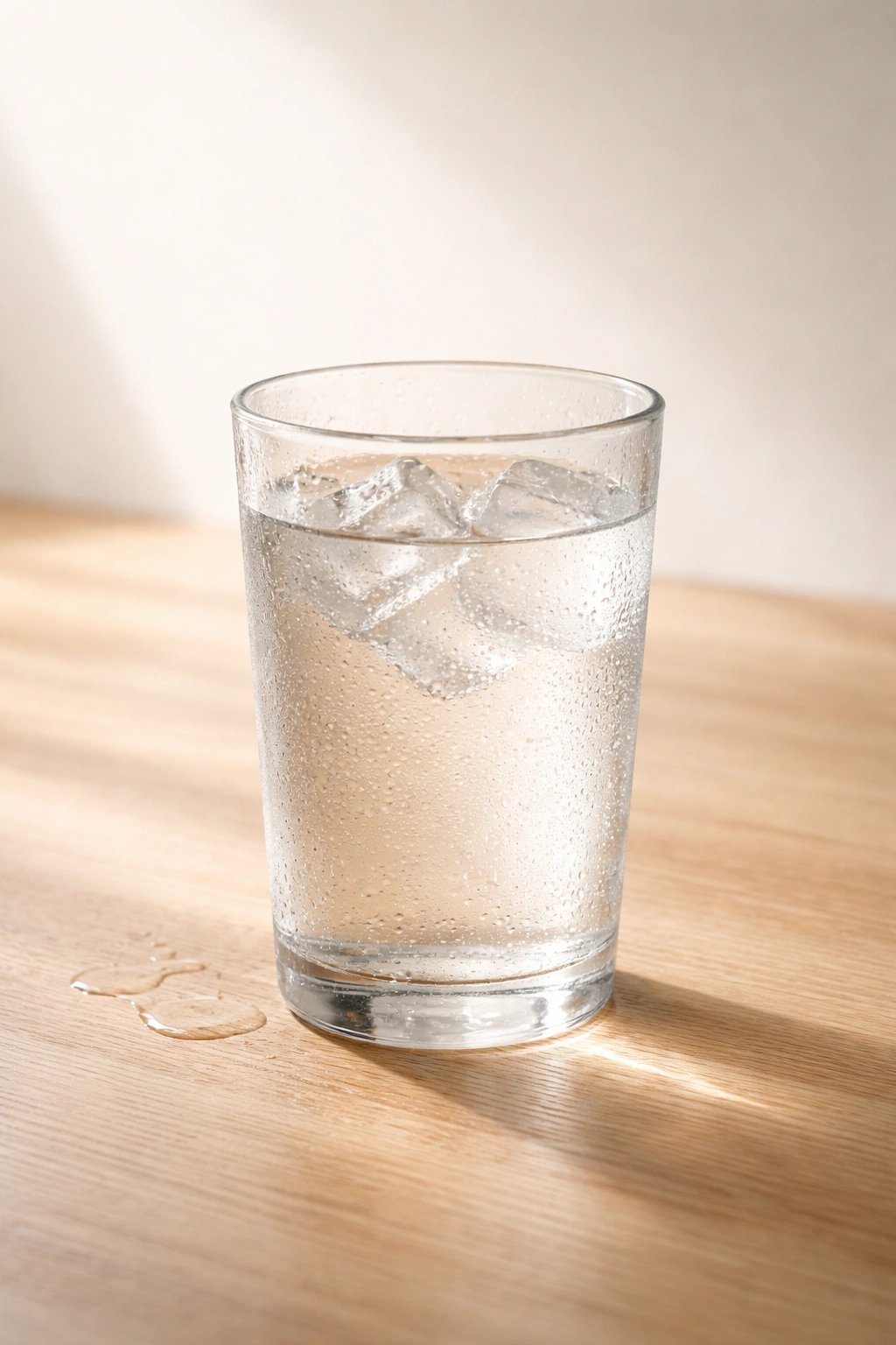 Glass of water on wood with condensation in a neutral setting