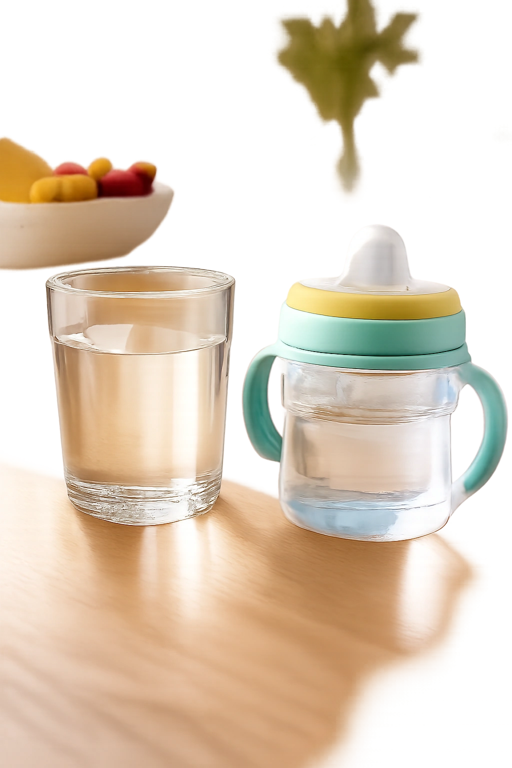 Open cup and sippy cup with water for baby hydration