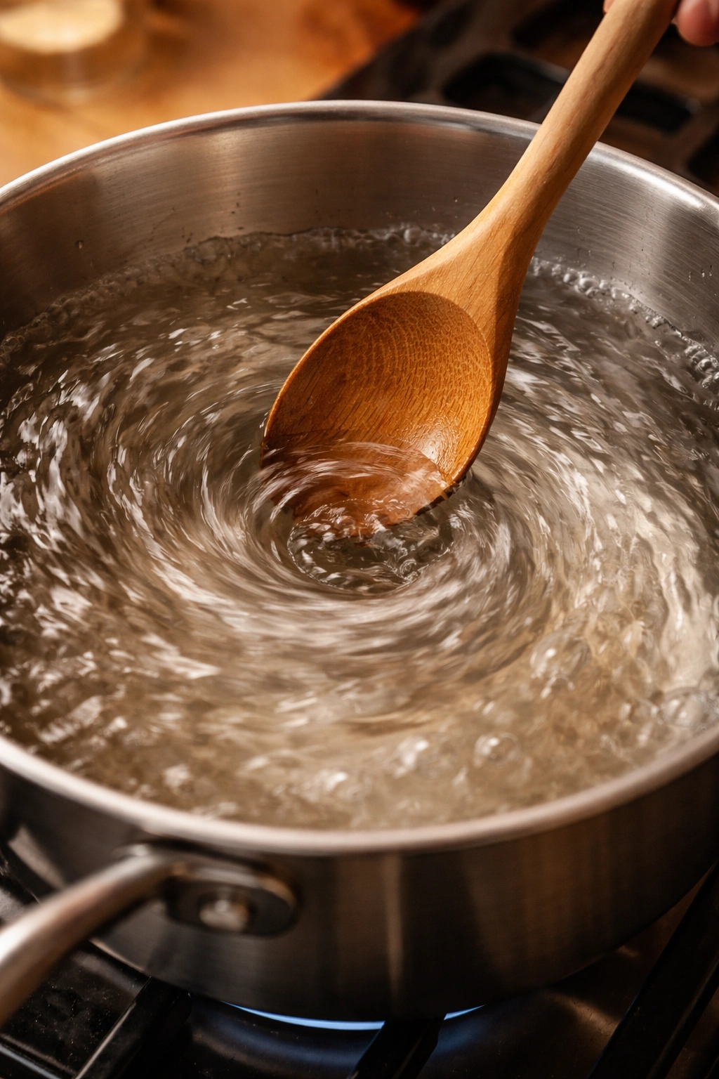 Wooden spoon creating a smooth whirlpool in simmering water