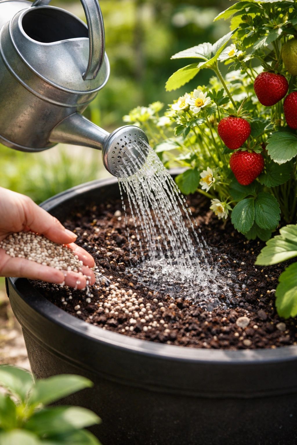 Watering container fruit plant with flowing water