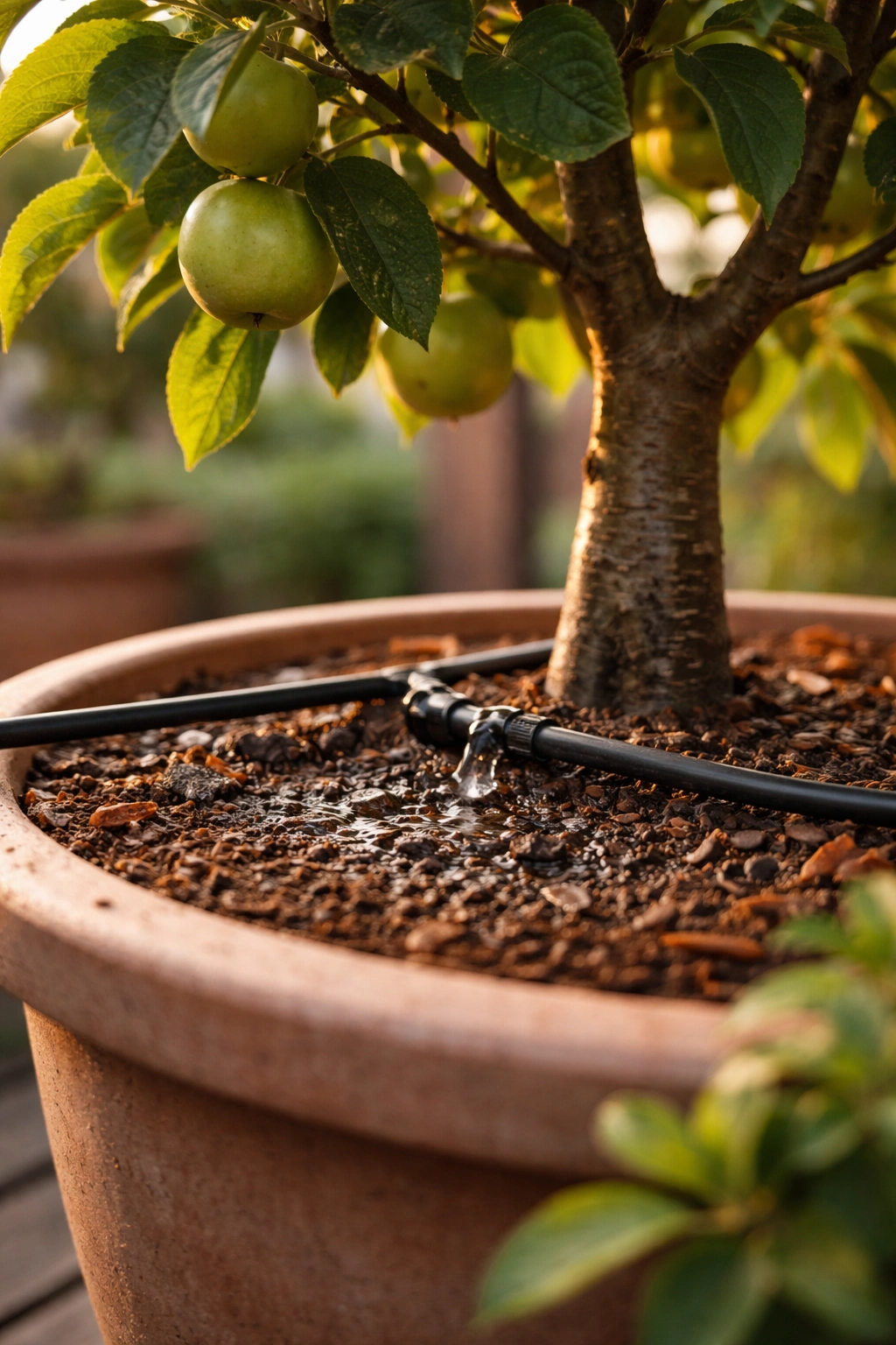 Moist soil in a pot with a drip irrigation line watering a compact fruit tree