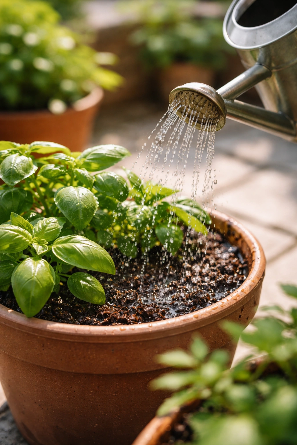 Watering container plants with a small can and droplets on soil
