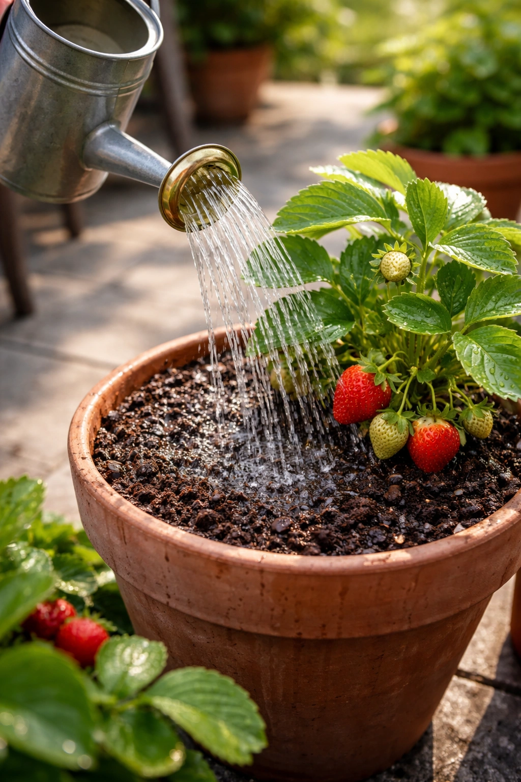 Watering container plants to maintain proper moisture without overwatering.