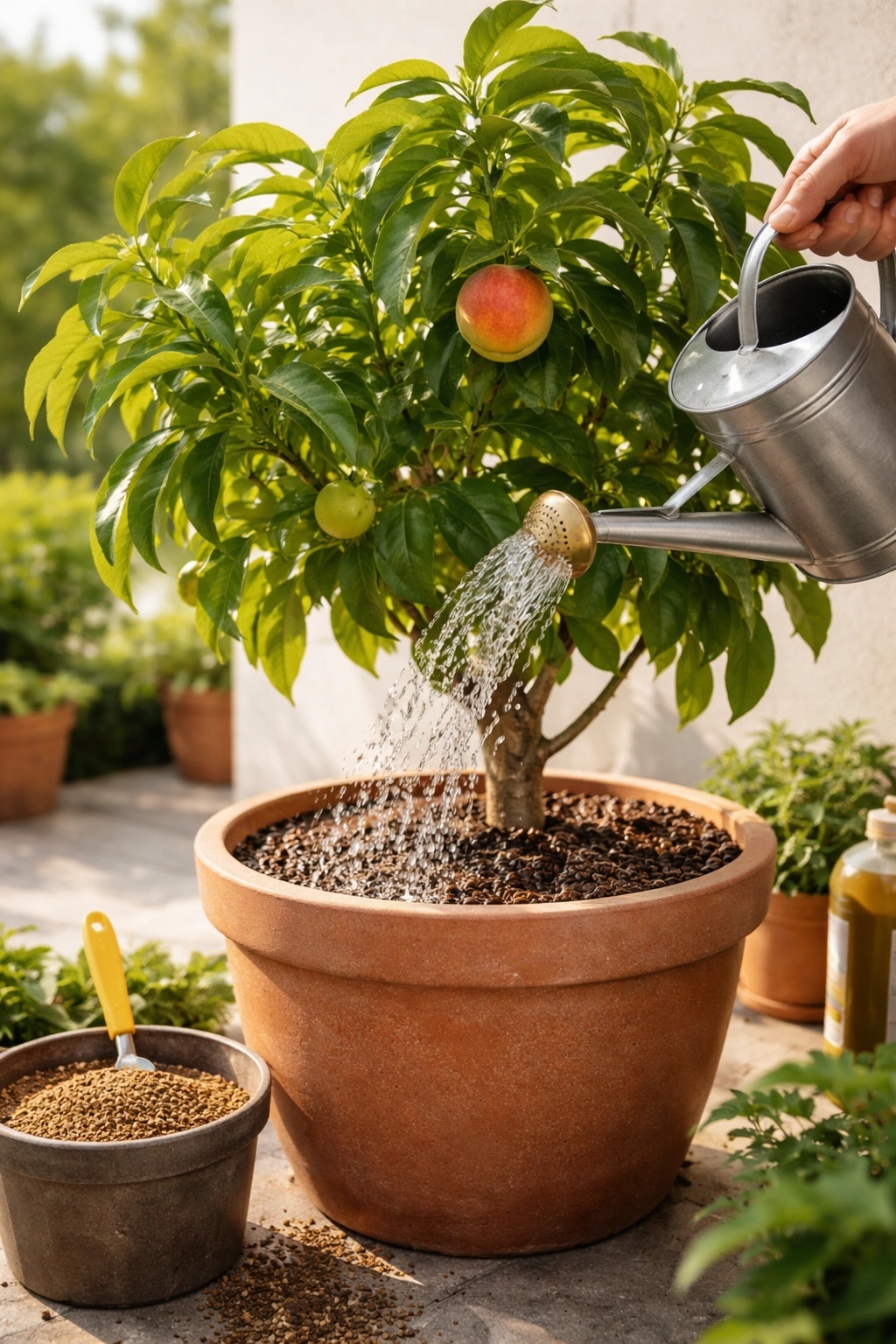 Container fruit tree being watered with a can on a patio