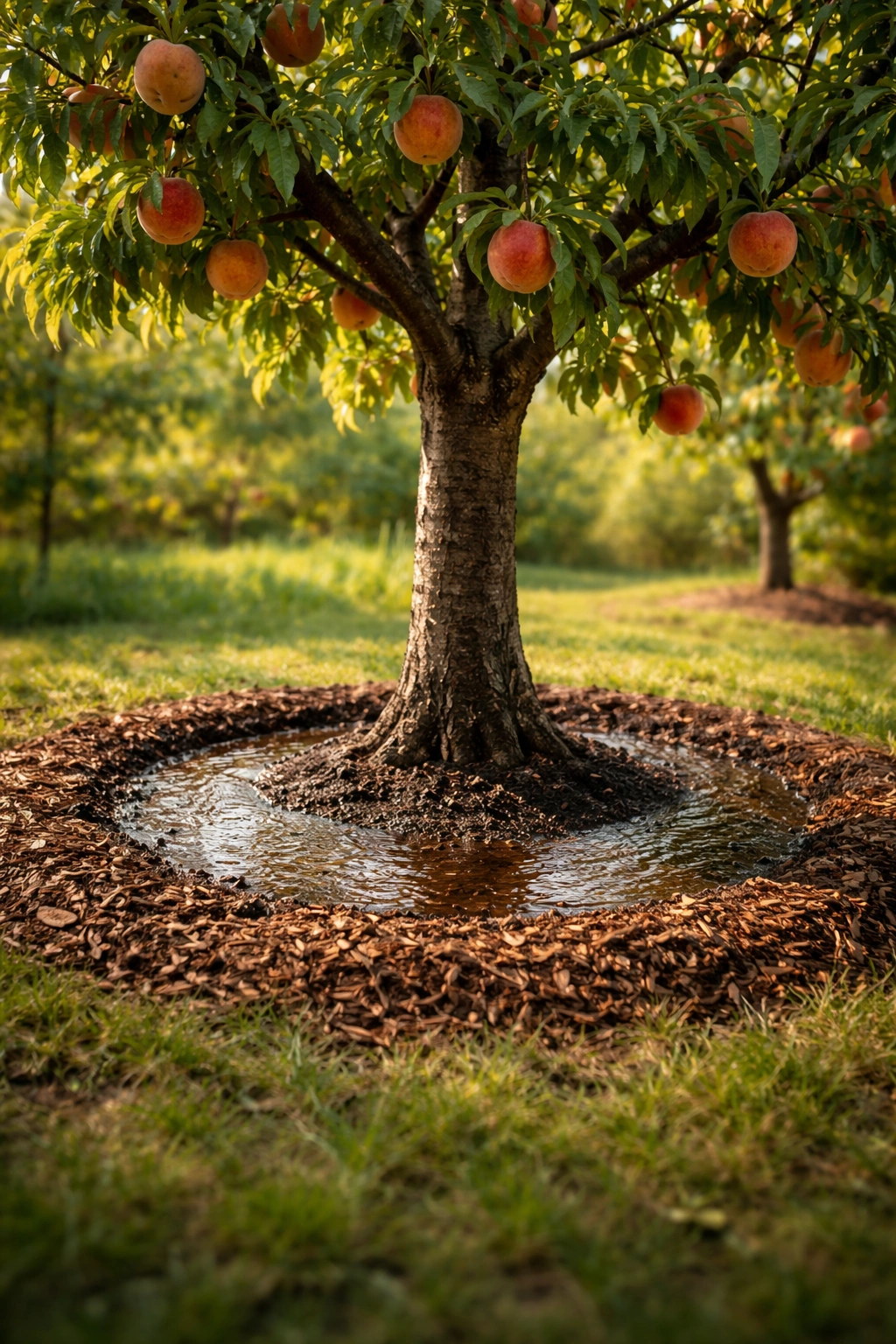Fruit tree with moist soil ring around the base.
