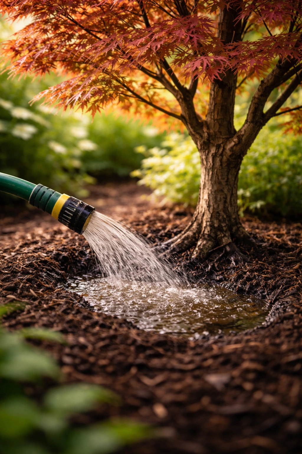 Japanese maple root zone being watered deeply