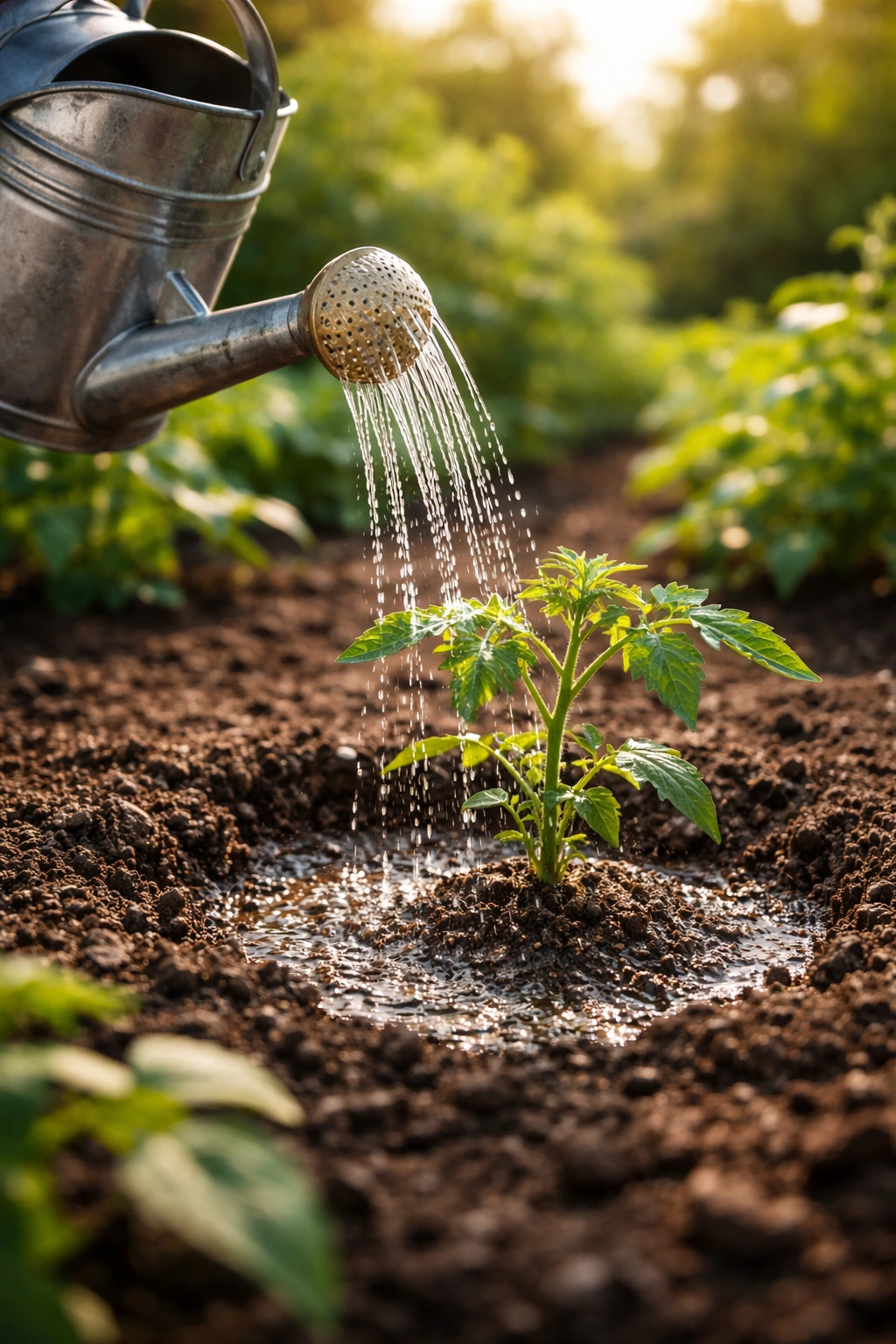 Close-up of watering can pouring water onto a young plant with damp soil