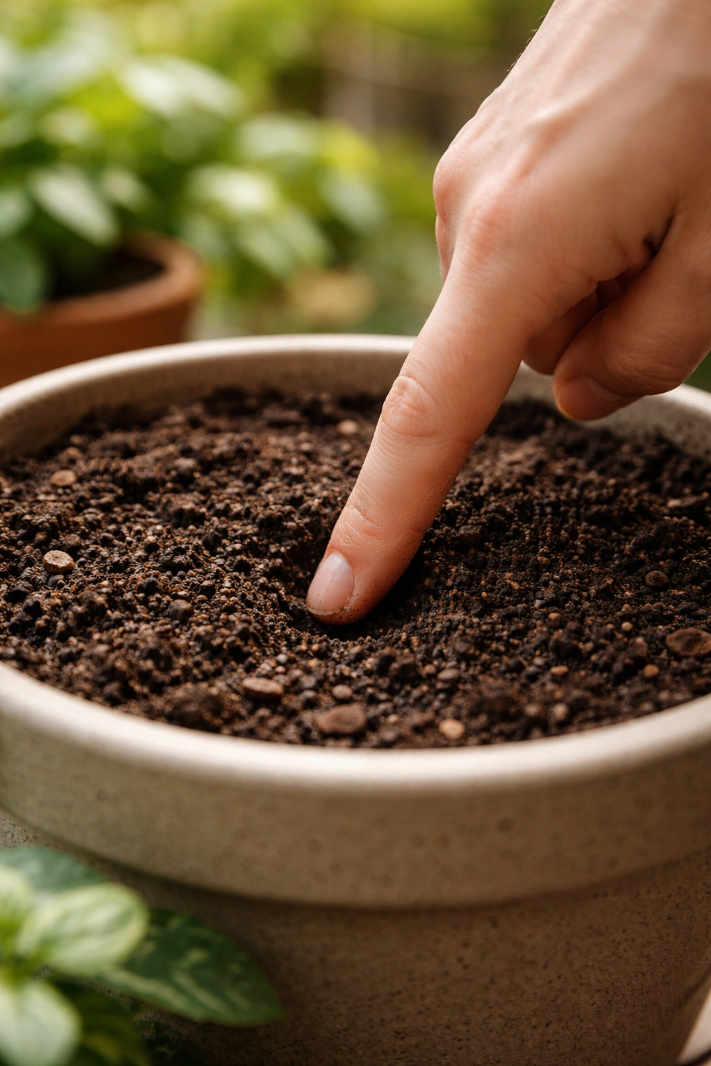 Close-up of a finger testing soil moisture in a container plant